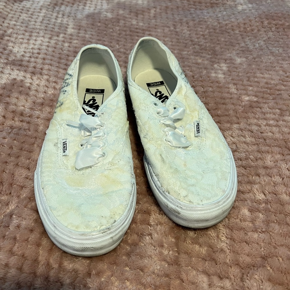 Homemade lace vans with bedazzled “Mrs”